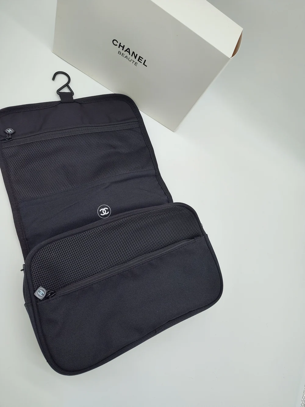 CHANEL BEAUTÉ Black Hanging Travel Toiletry Cosmetic Organizer Bag Box NIB